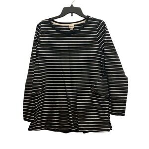 Merona Womens XXL Black White Striped Long Sleeve Tunic Top Zipper Pockets